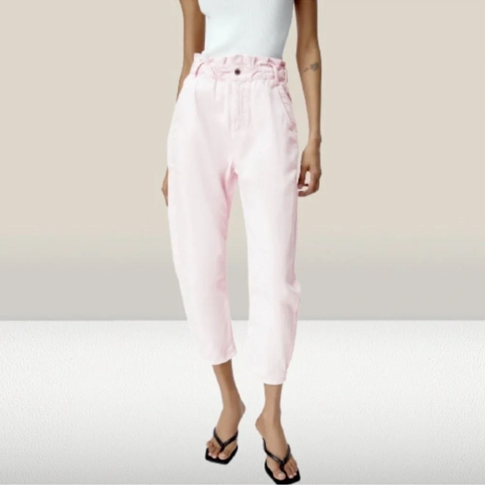 Zara paper bag Light Pink Elastic Waist Pants Sz S lightweight 2 distressed - Picture 1 of 6